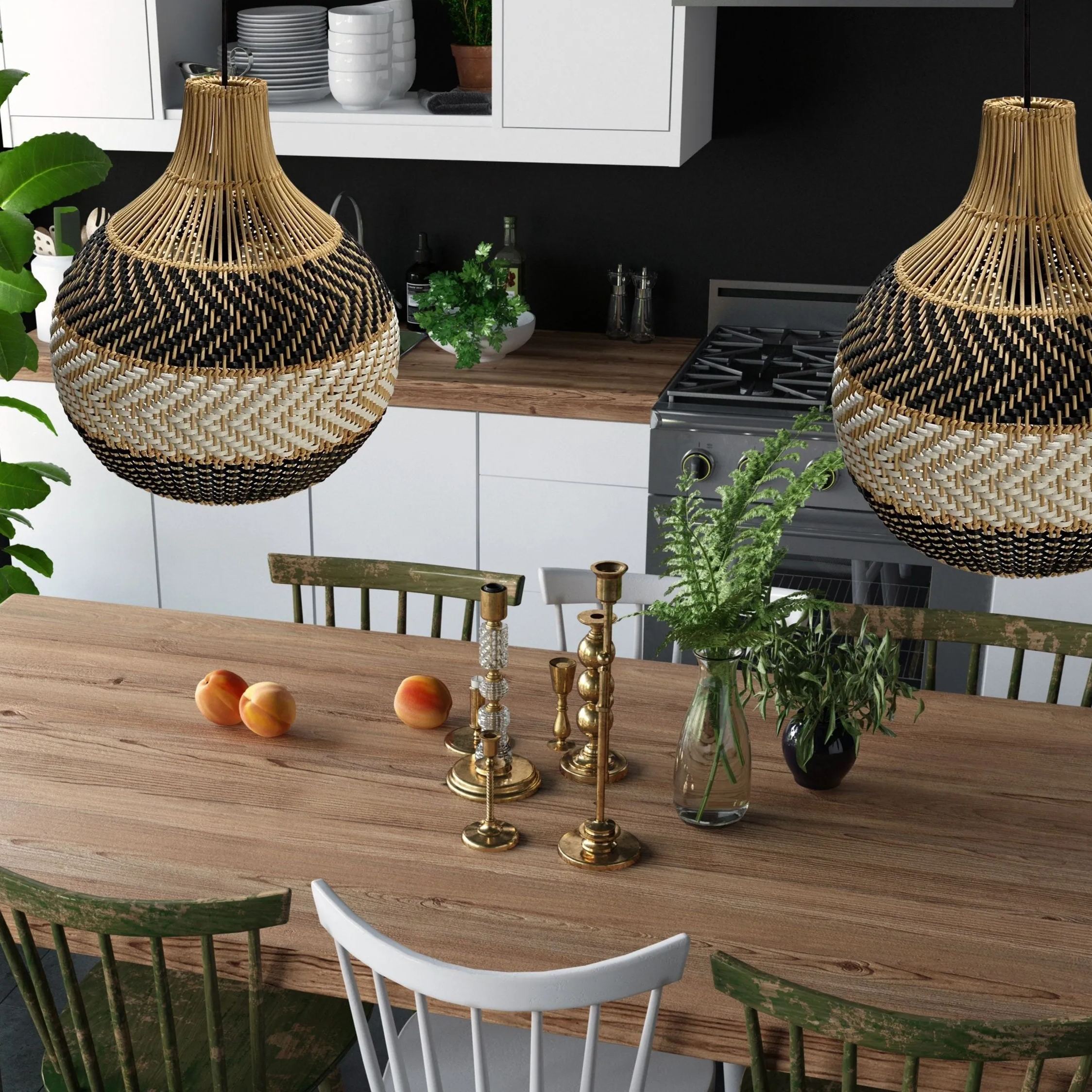 Black And White Stripes Rattan Pendant Light Coastal Interior Design