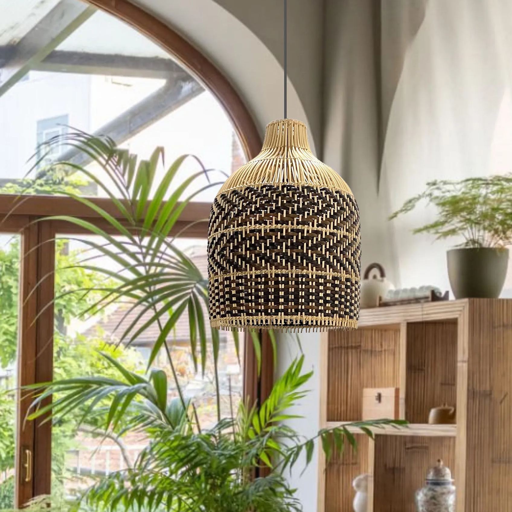 Boho Brown Hand-woven Lampshade Elegant rattan hanging light-labpiecesign