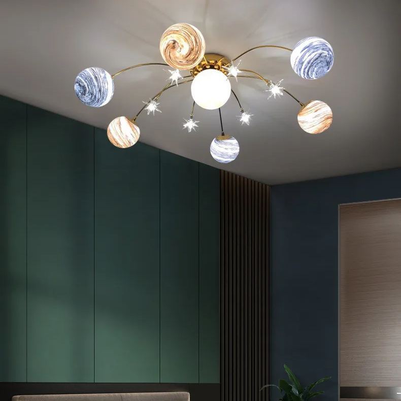 Planet Frosted Glass Semi Flush Ceiling Light Nordic LED Gold Ceiling Mounted Light for Kids Room -labpiecesign