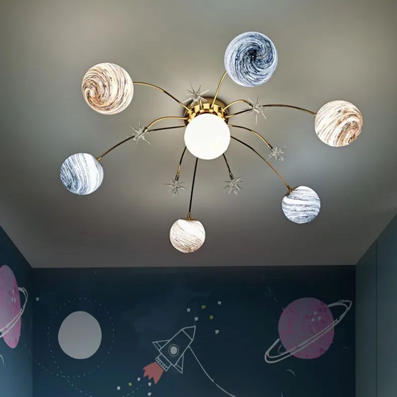 Planet Frosted Glass Semi Flush Ceiling Light Nordic LED Gold Ceiling Mounted Light for Kids Room 