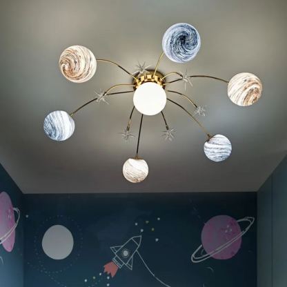 Planet Frosted Glass Semi Flush Ceiling Light Nordic LED Gold Ceiling Mounted Light for Kids Room -labpiecesign