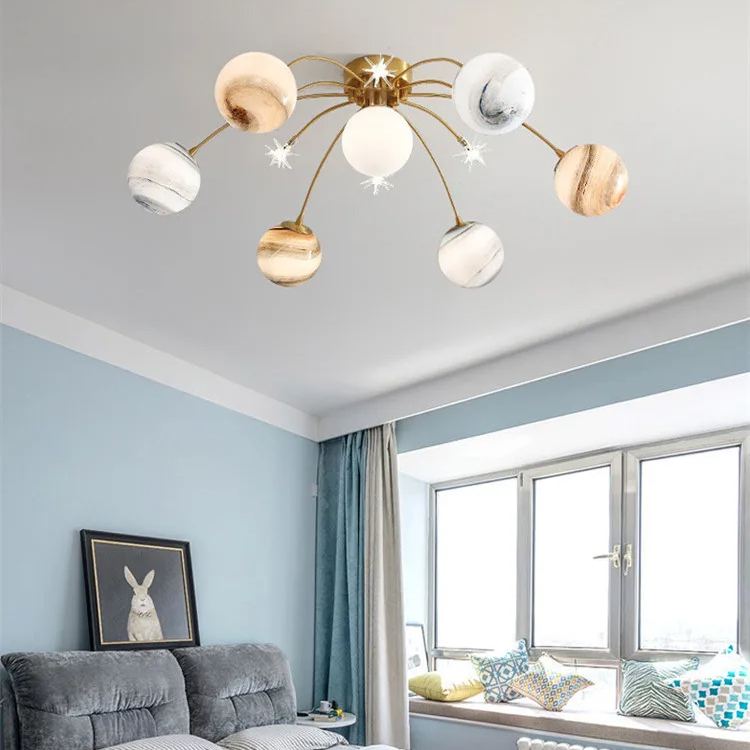 Planet Frosted Glass Semi Flush Ceiling Light Nordic LED Gold Ceiling Mounted Light for Kids Room 