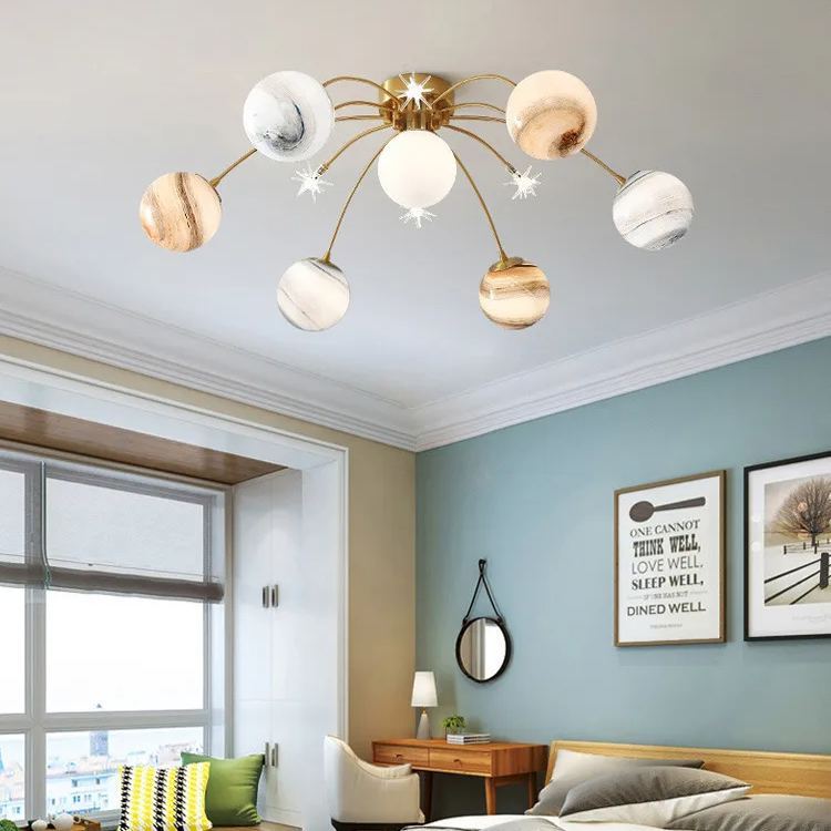 Planet Frosted Glass Semi Flush Ceiling Light Nordic LED Gold Ceiling Mounted Light for Kids Room -labpiecesign