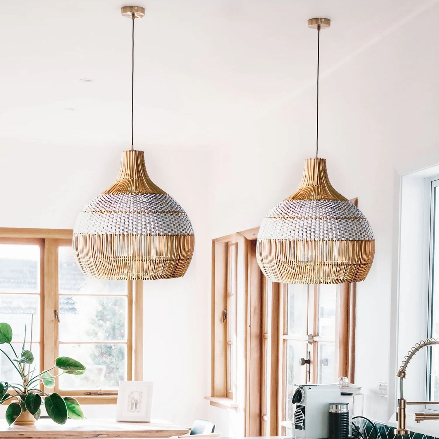 White Rattan Pendant Light Woven Rattan Lampshade-labpiecesign