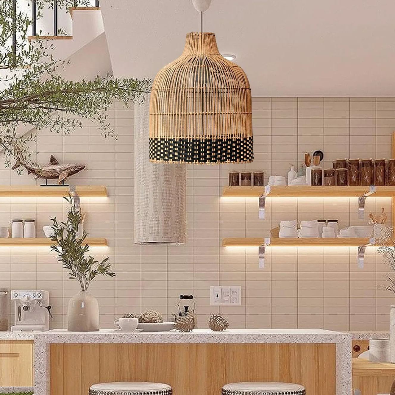 Black Rattan Woven Pendant Lampshade Hanging Light Fixture-labpiecesign