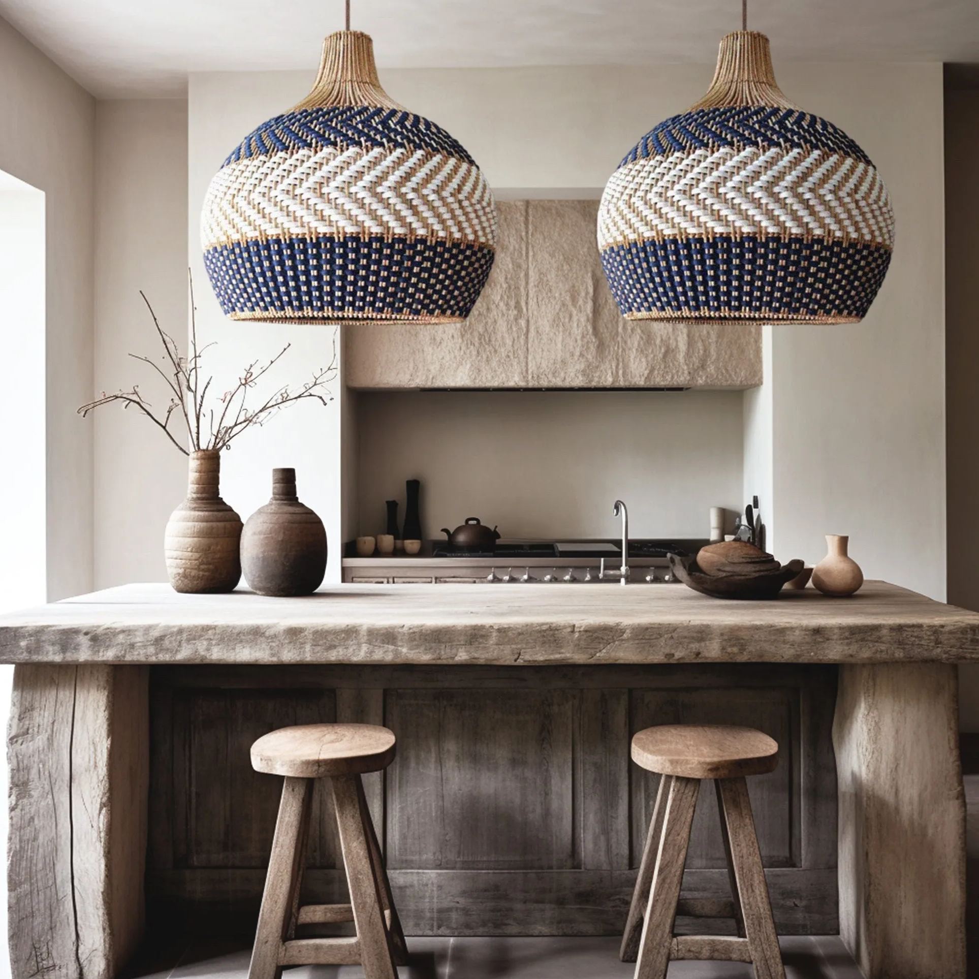 Blue Rattan Pendant Light Handmade Unique Round Lamp