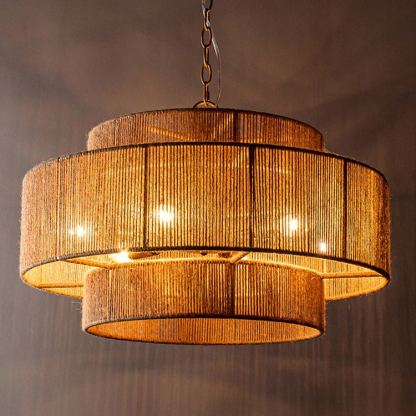 Bohemian Brown Hemp Rope Tiered Drum Chandelier Light-labpiecesign