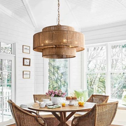 Bohemian Brown Hemp Rope Tiered Drum Chandelier Light-labpiecesign