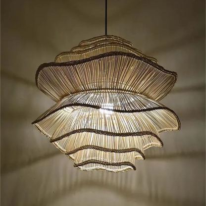 Vietnam Flower Rattan Pendant Light, Wicker Lampshade Chandelier, Bamboo Light Fixture Kitchen Dining Living Room, Woven Lantern Vintage