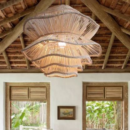 Vietnam Flower Rattan Pendant Light, Wicker Lampshade Chandelier, Bamboo Light Fixture Kitchen Dining Living Room, Woven Lantern Vintage