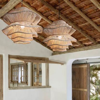 Vietnam Flower Rattan Pendant Light, Wicker Lampshade Chandelier, Bamboo Light Fixture Kitchen Dining Living Room, Woven Lantern Vintage