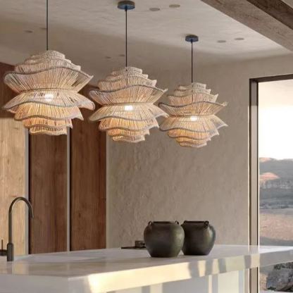 Vietnam Flower Rattan Pendant Light, Wicker Lampshade Chandelier, Bamboo Light Fixture Kitchen Dining Living Room, Woven Lantern Vintage
