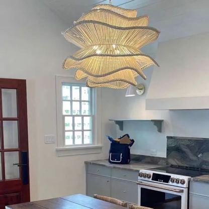Vietnam Flower Rattan Pendant Light, Wicker Lampshade Chandelier, Bamboo Light Fixture Kitchen Dining Living Room, Woven Lantern Vintage