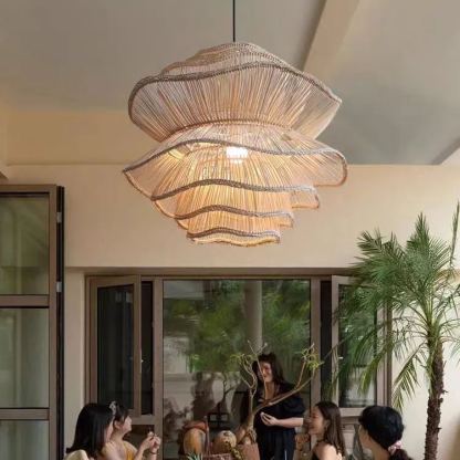 Vietnam Flower Rattan Pendant Light, Wicker Lampshade Chandelier, Bamboo Light Fixture Kitchen Dining Living Room, Woven Lantern Vintage
