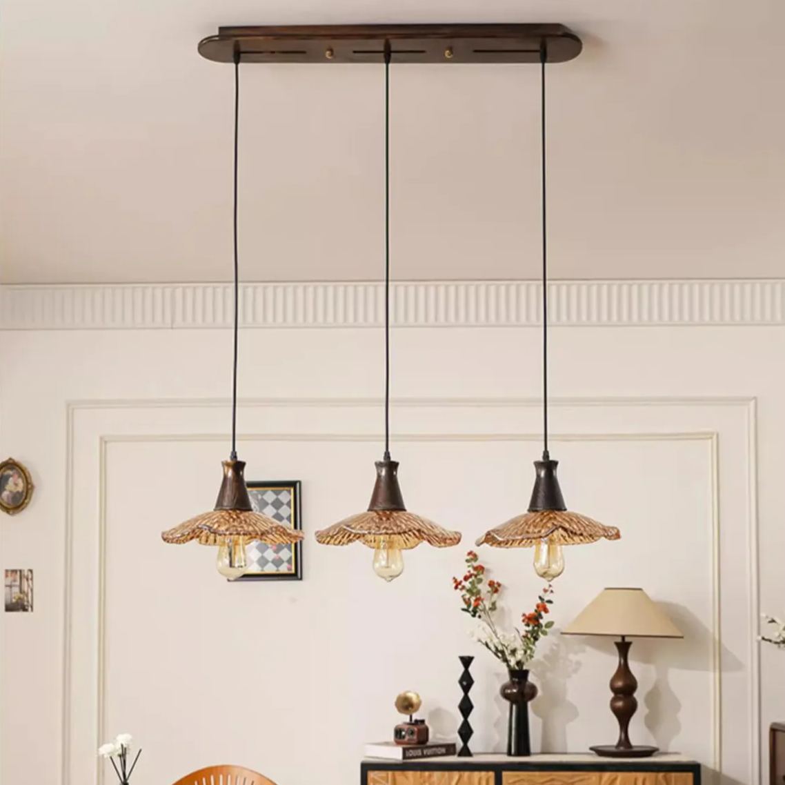 [Copy]Japanese designer medieval style dining table lamp three-head lotus glass lamp