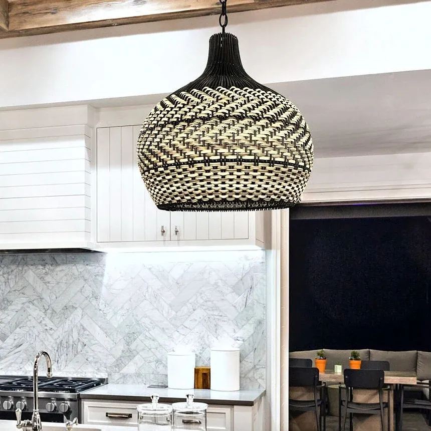 Minimalism Black and Neutral Tone Rattan Ceiling Light Fixture Woven Pendant Lampshade