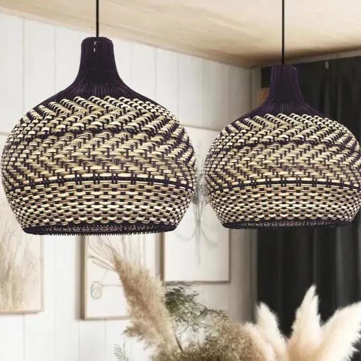 Minimalism Black and Neutral Tone Rattan Ceiling Light Fixture Woven Pendant Lampshade