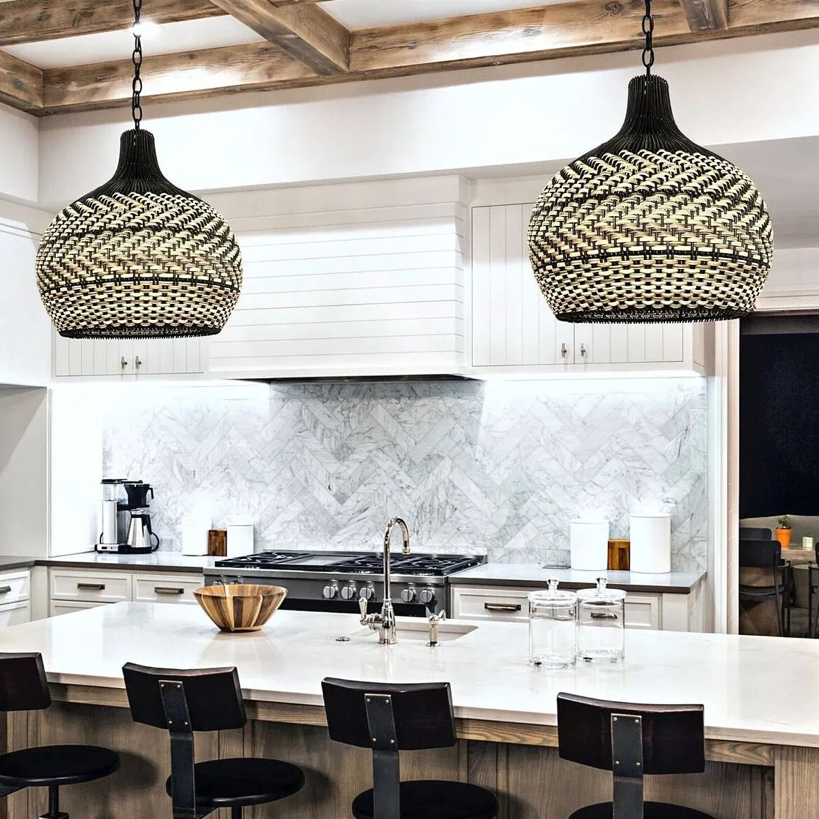 Minimalism Black and Neutral Tone Rattan Ceiling Light Fixture Woven Pendant Lampshade