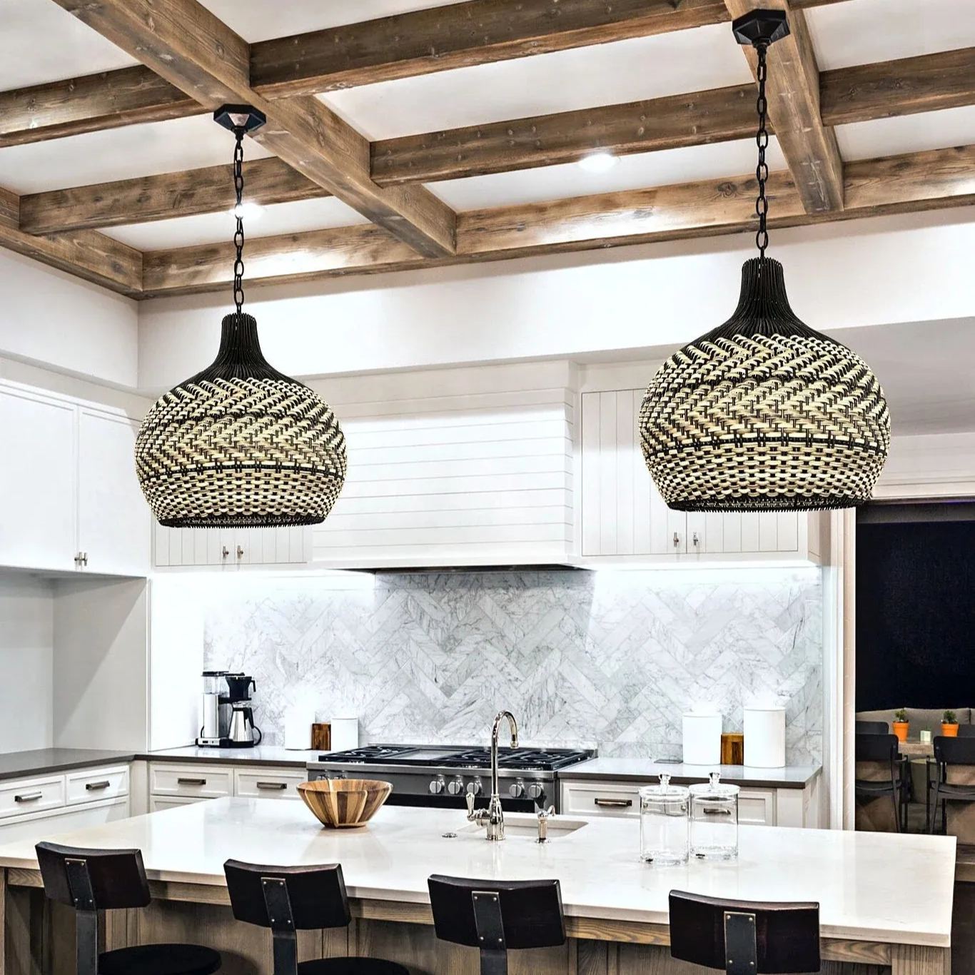 Minimalism Black and Neutral Tone Rattan Ceiling Light Fixture Woven Pendant Lampshade