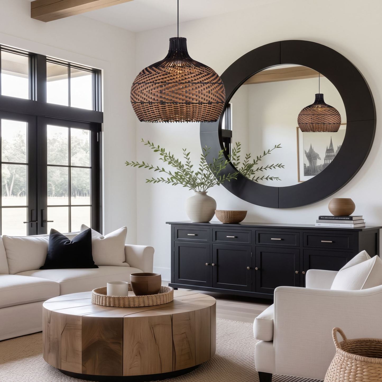 Handcrafted Black Brown Striped Rattan Pendant Light Shade for Dining Room