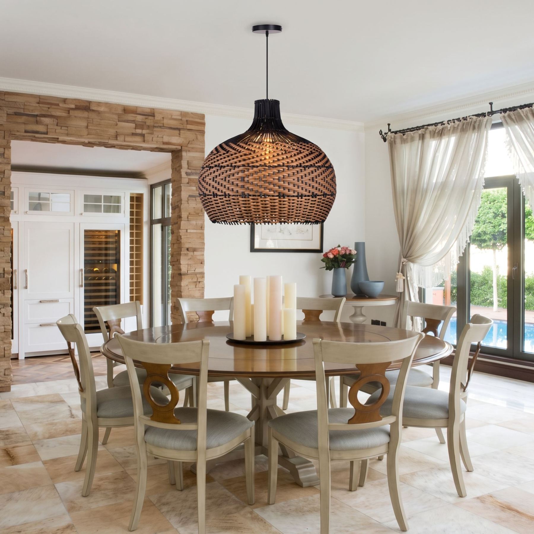 Handcrafted Black Brown Striped Rattan Pendant Light Shade for Dining Room