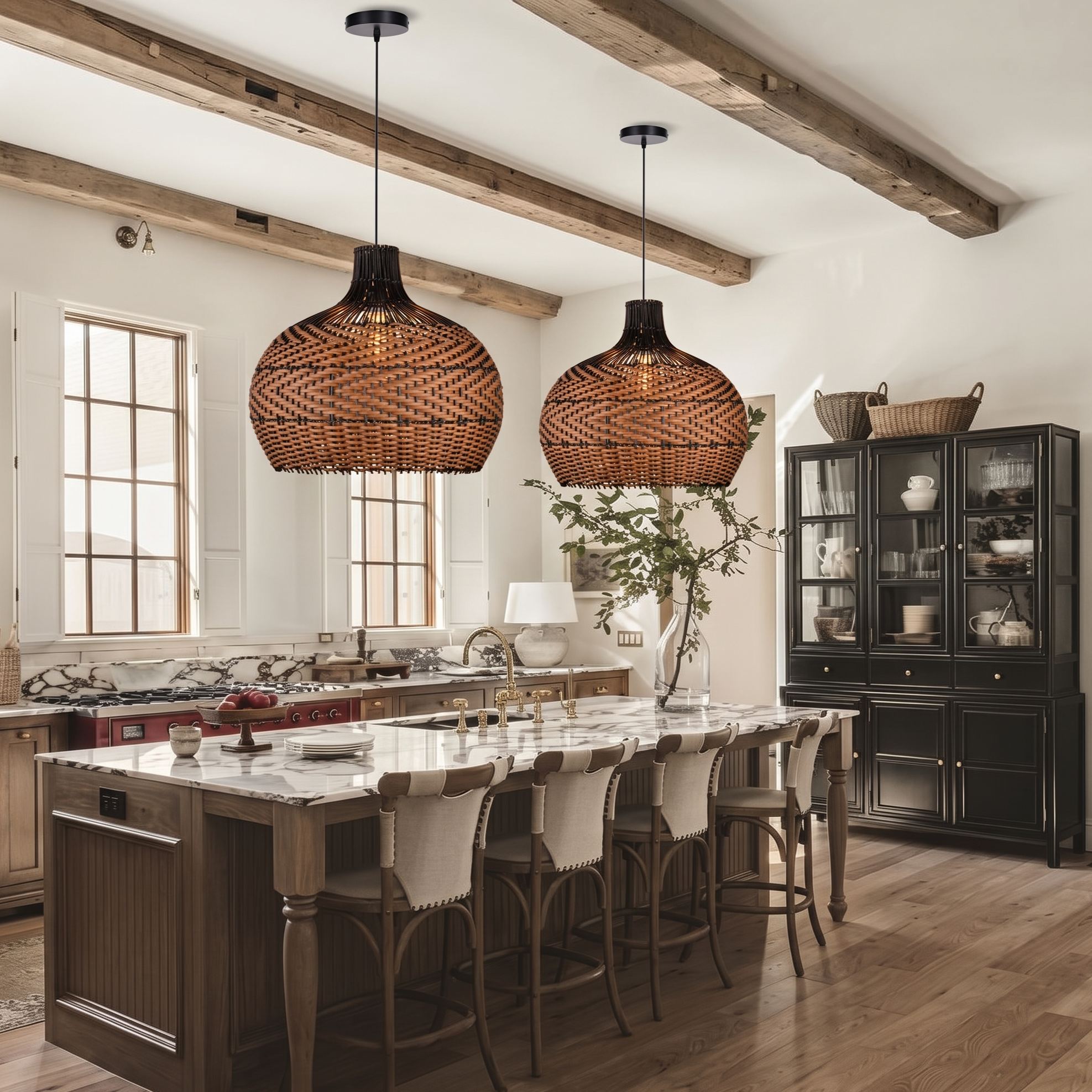 Boho Dome Woven Hanging Ceiling Lamp for Kitchen Island Dining Room Living Room