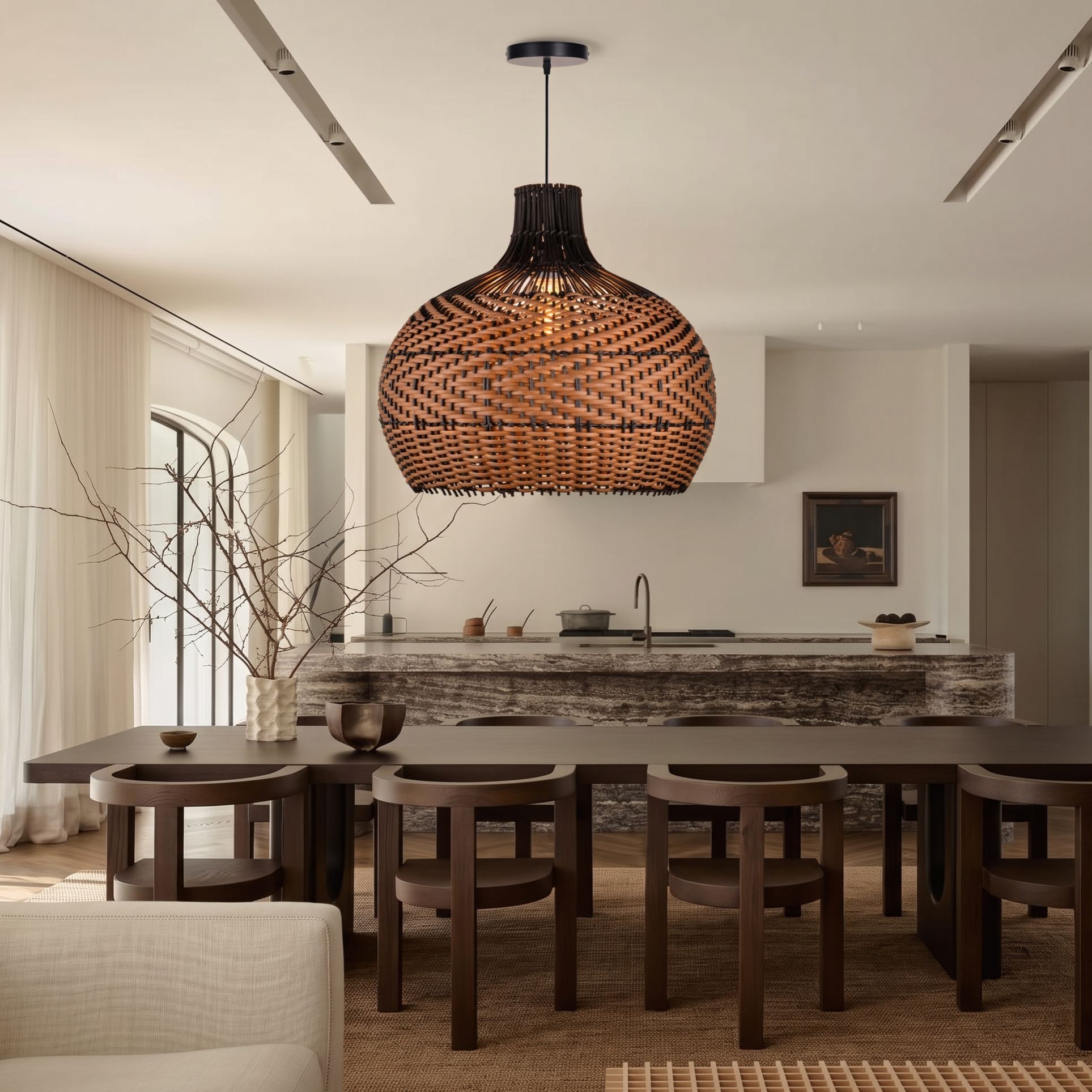 Handcrafted Black Brown Striped Rattan Pendant Light Shade for Dining Room