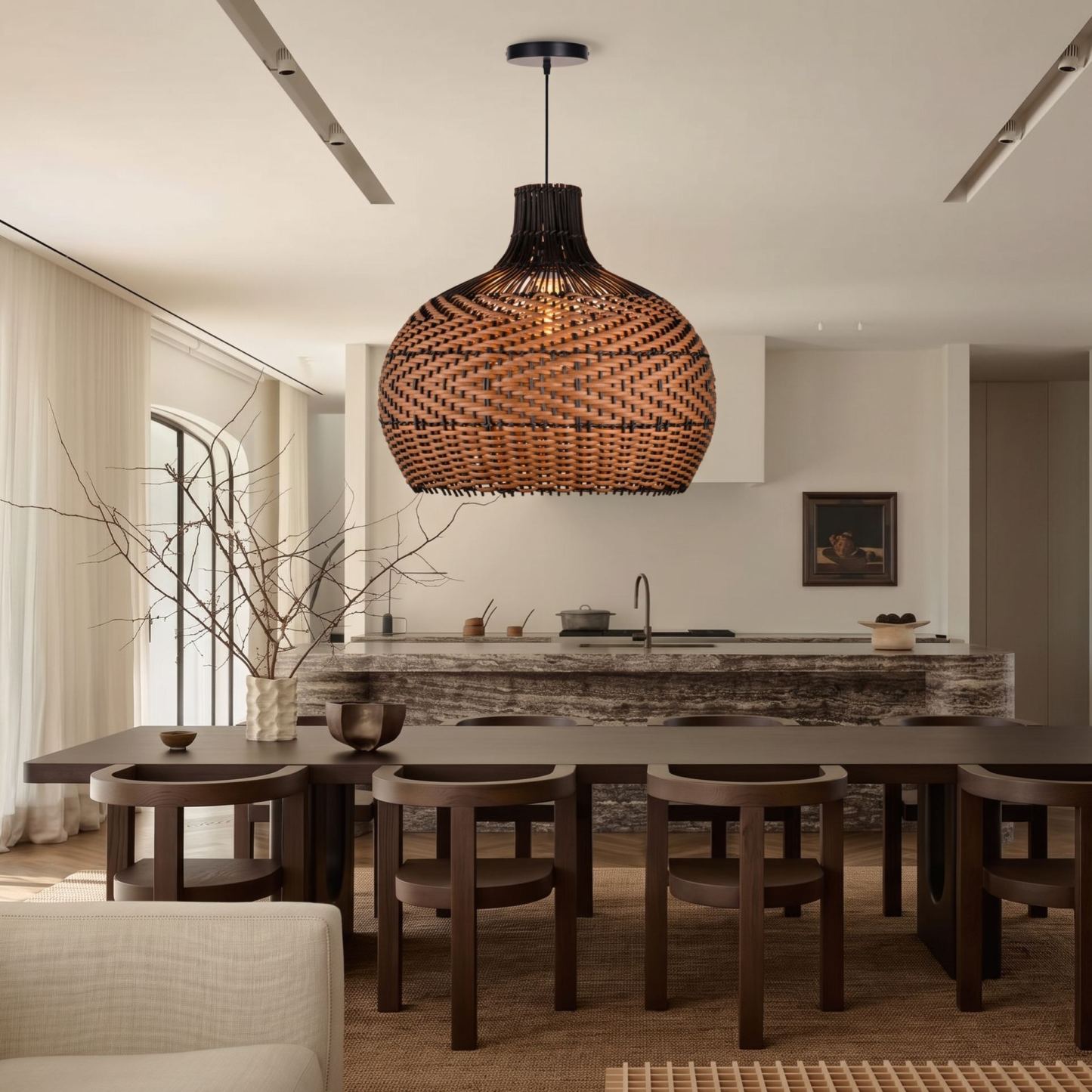 Handcrafted Black Brown Striped Rattan Pendant Light Shade for Dining Room