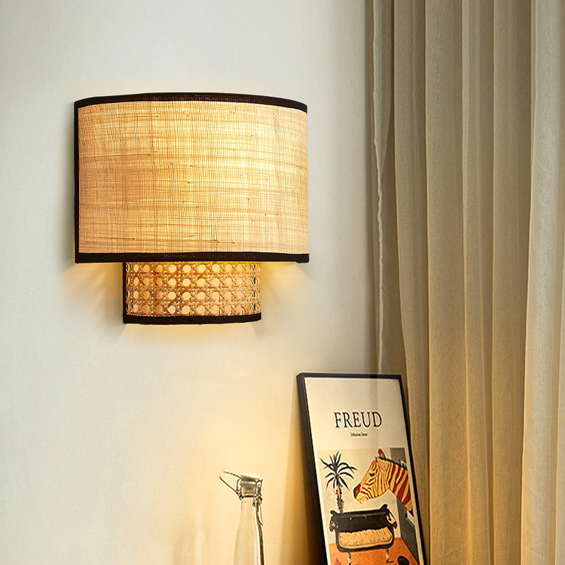 Rattan hand-woven bedroom bedside wall lamp-labpiecesign