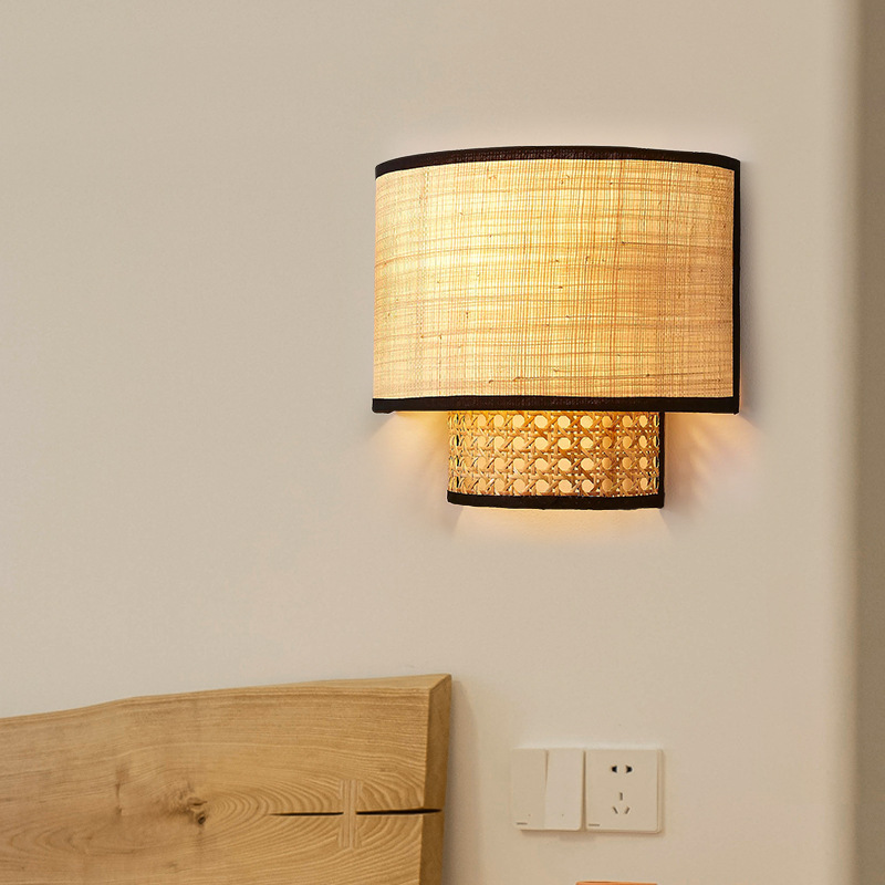 Rattan hand-woven bedroom bedside wall lamp-labpiecesign