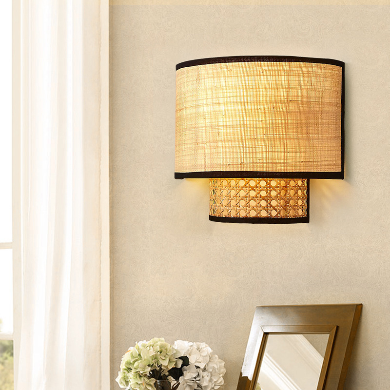 Rattan hand-woven bedroom bedside wall lamp-labpiecesign