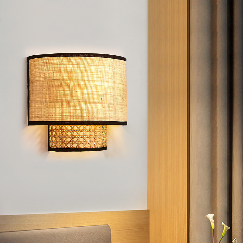 Rattan hand-woven bedroom bedside wall lamp-labpiecesign