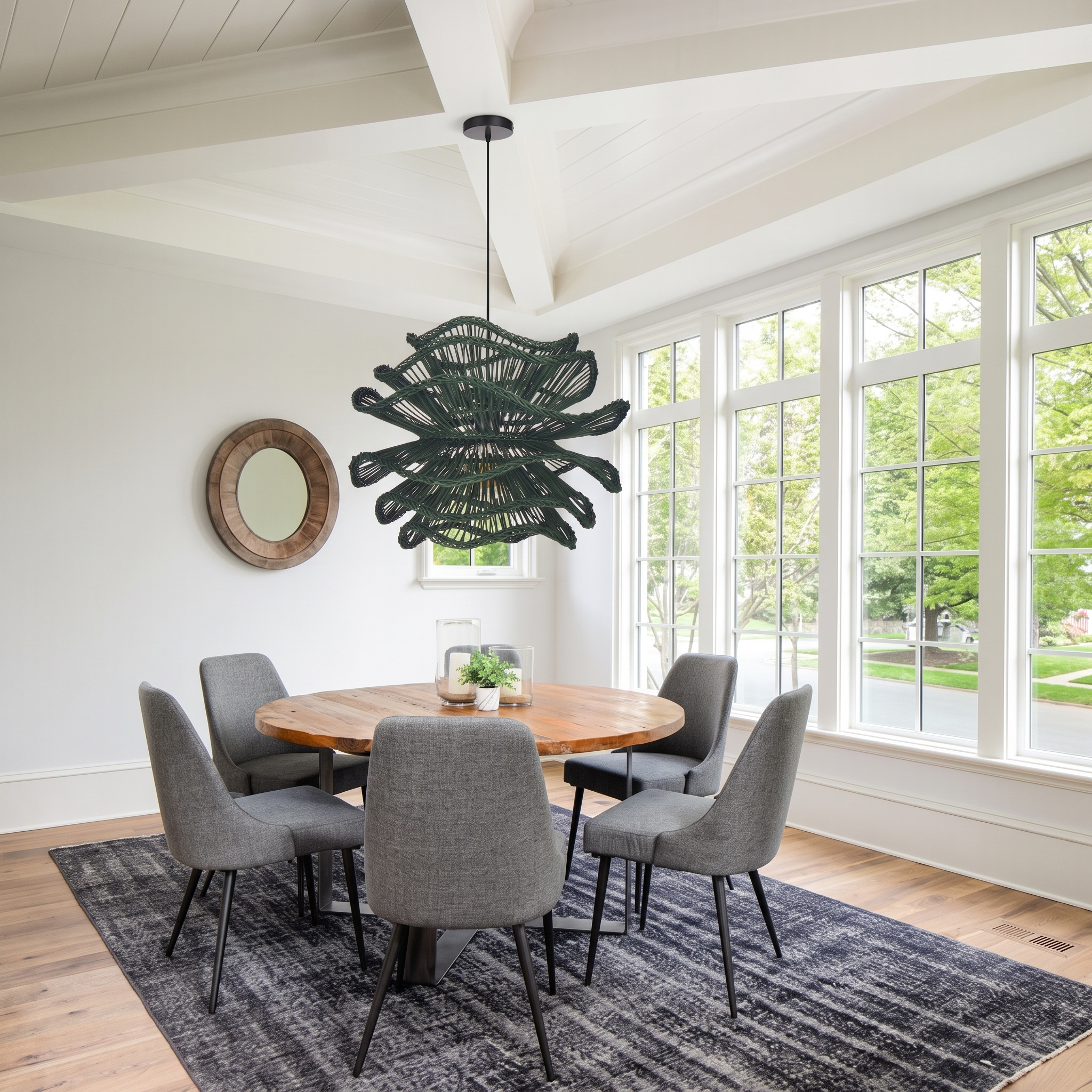 Boho Green Woven Flower Rattan Pendant Light for Kitchen Island Dining Room 