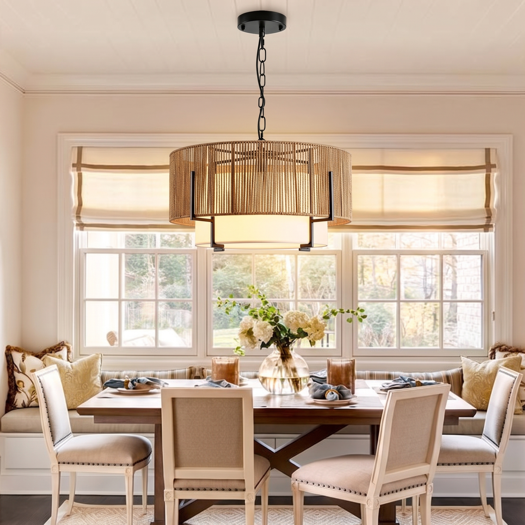 Modern Coastal Handwoven Hemp Rope Chandelier for Dining Room Living Room