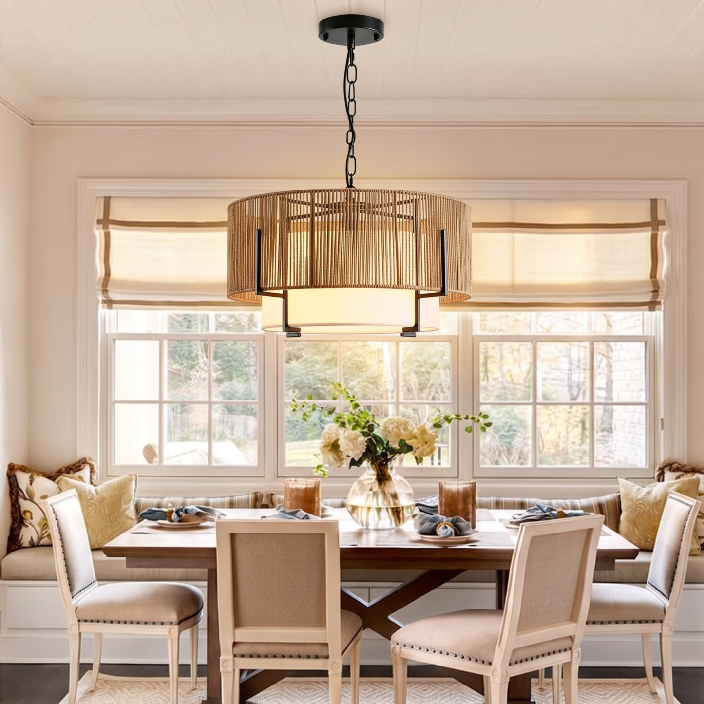 Modern Coastal Handwoven Hemp Rope Chandelier for Dining Room Living Room