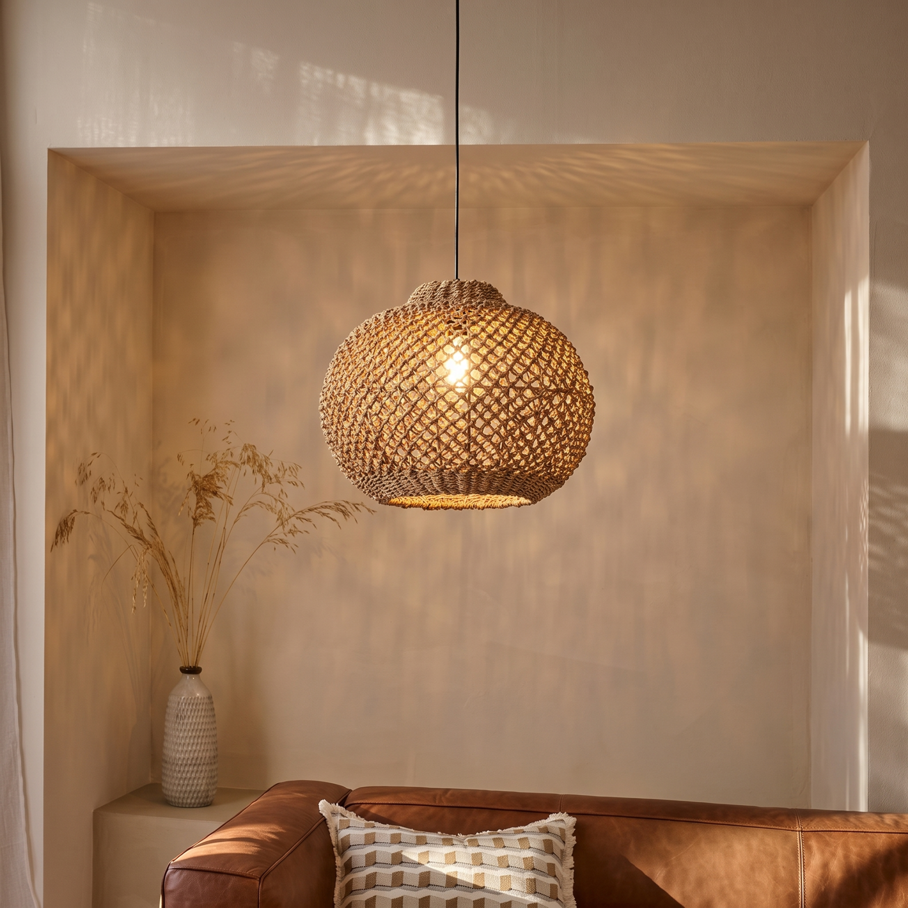 Natural Woven Rattan Pendant Light – Rustic Boho Hanging Ceiling Lamp for Dining Room