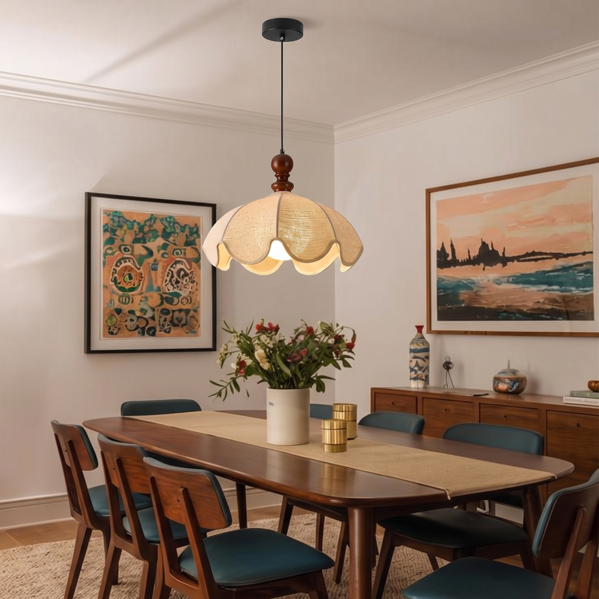 Vintage Fabric Pendant Light –Wabi-Sabi Fabric Shade Hanging Ceiling Light for  Dining Room Bedroom and Living Room