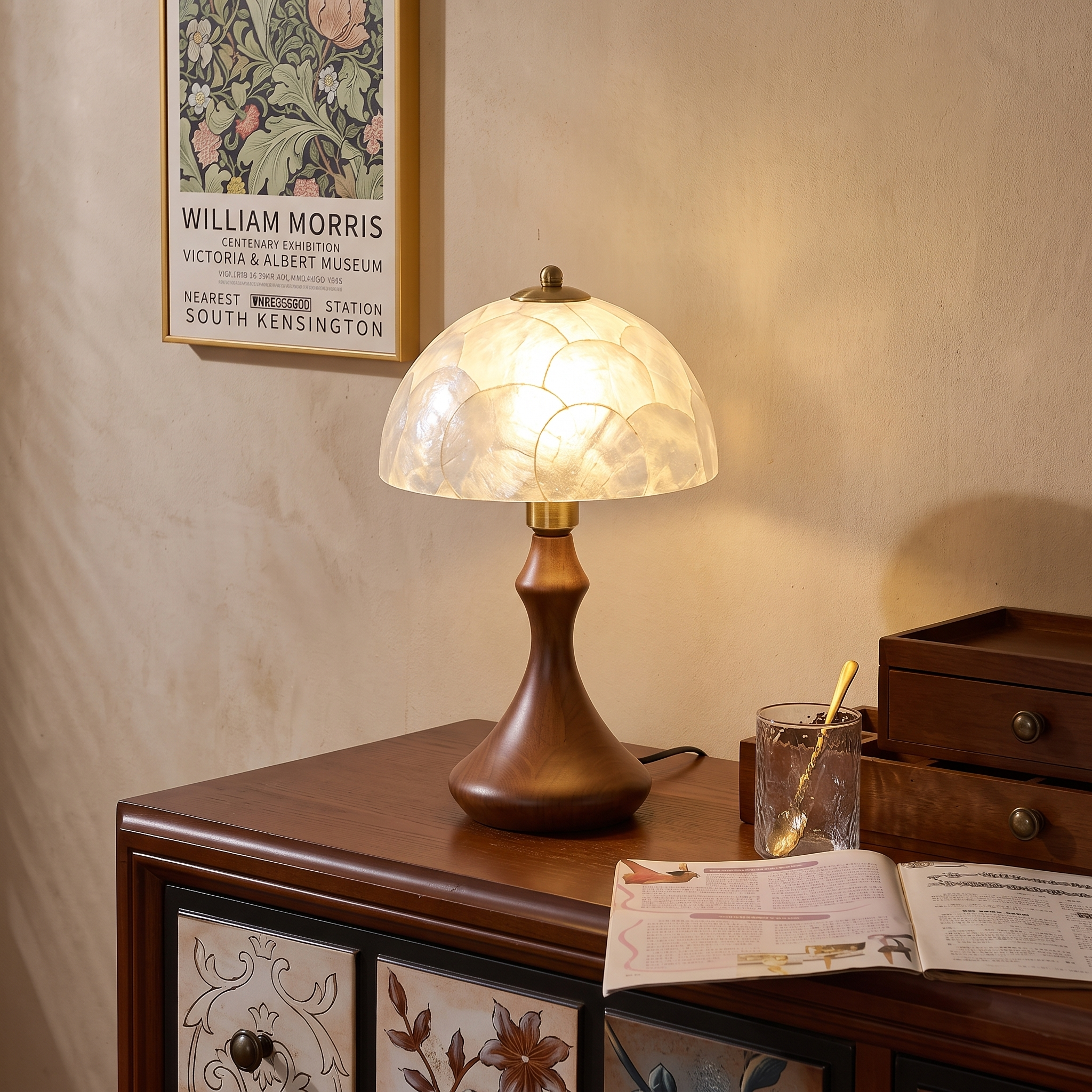Mid-Century Modern Shell Table Lamp-Vintage Mushroom Desk Light for Bedroom, Living Room Nightstand