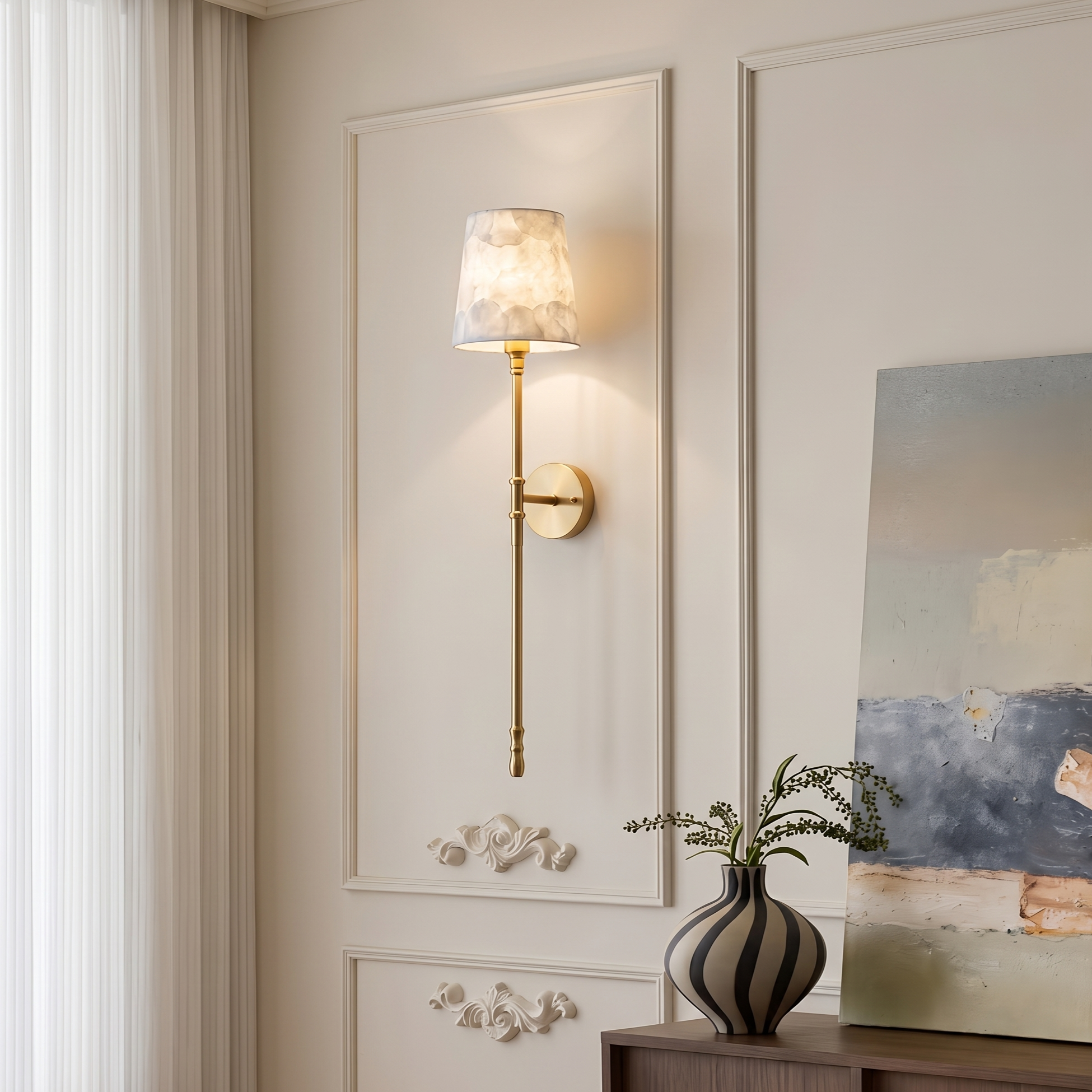 Modern Shell Wall Sconce – Elegant Tall Torch Wall Lamp for Living Room Bedroom Hallway Bedside Light Fixture