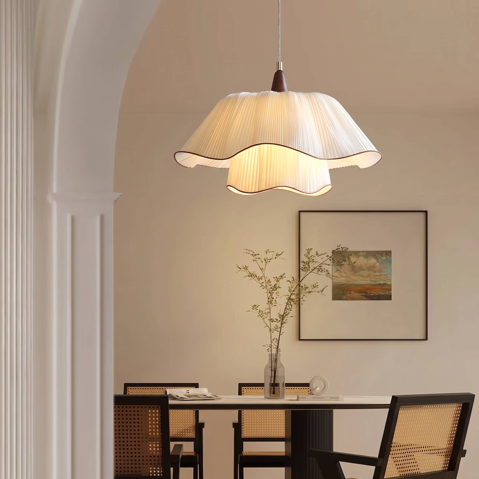 Nordic Pleated Fabric Pendant Light – Vintage Flower Shade Hanging Lamp for Dining Room Bedroom Living Room