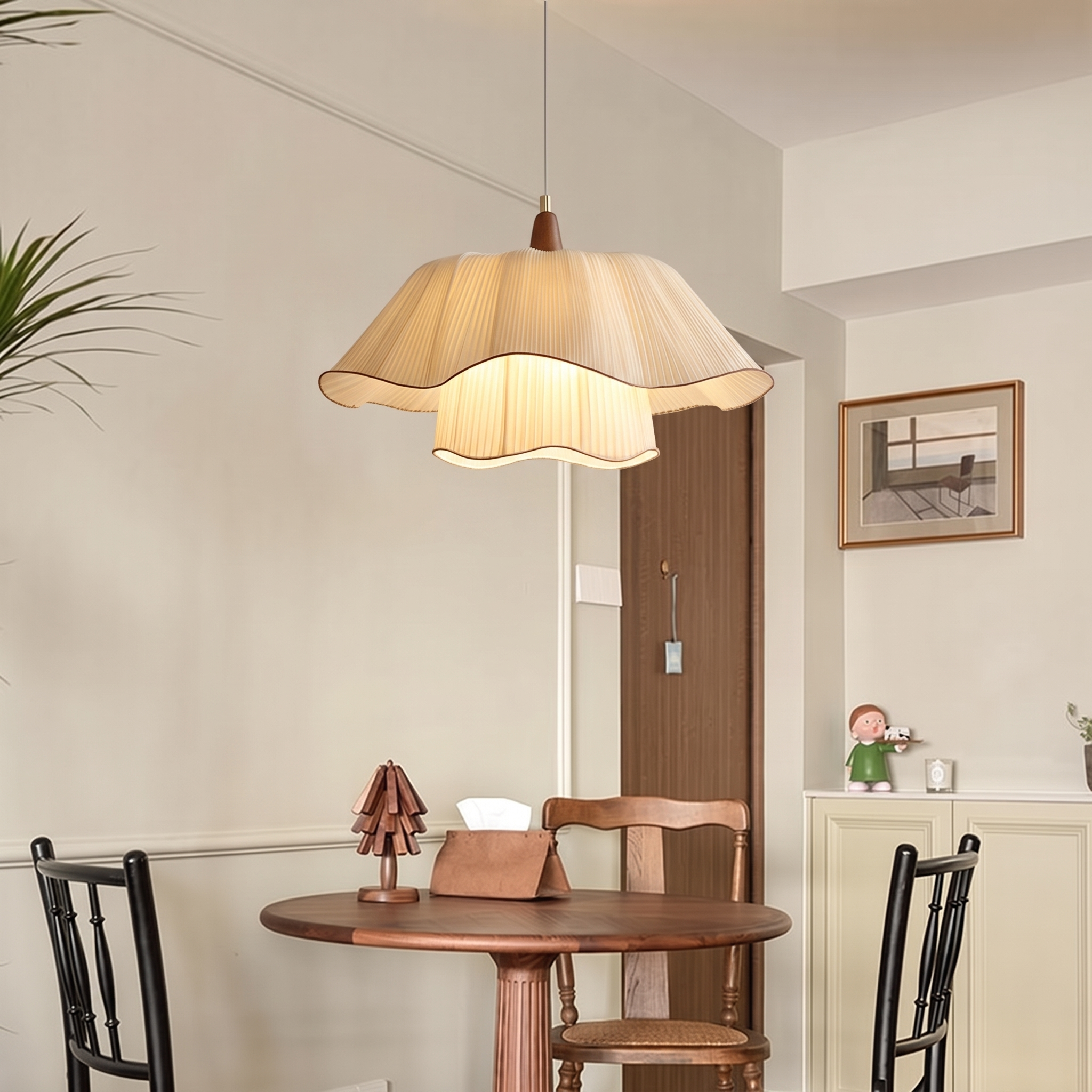 Nordic Pleated Fabric Pendant Light – Vintage Flower Shade Hanging Lamp for Dining Room Bedroom Living Room