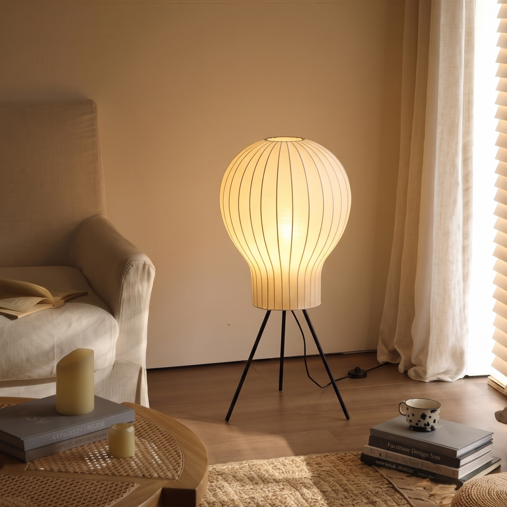 Minimalist Tripod Floor Lamp – Modern Japanese Lantern Standing Light Living Room Bedroom Reading Nook