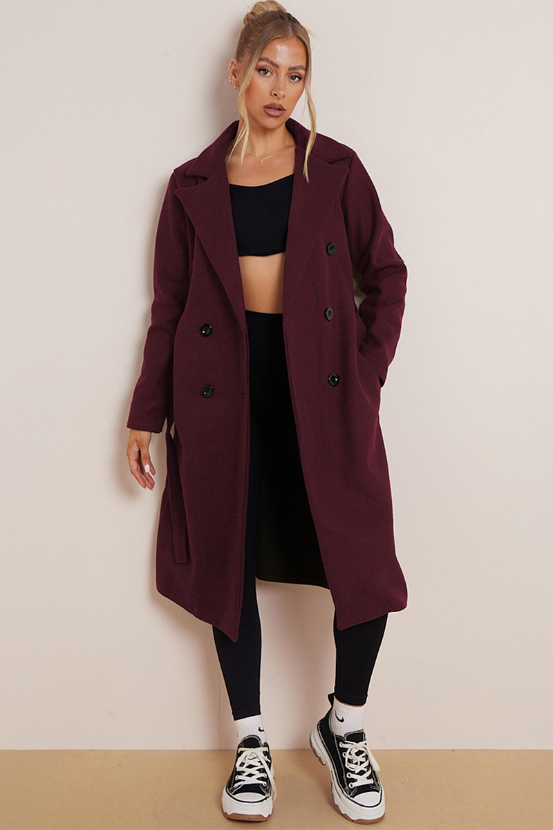 Classy Notch Lapel Double Breasted Waist Tie Thermal Coat