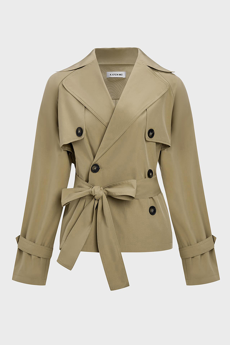 Casual Notch Lapel Double Breasted Waist Tie Trench Coat