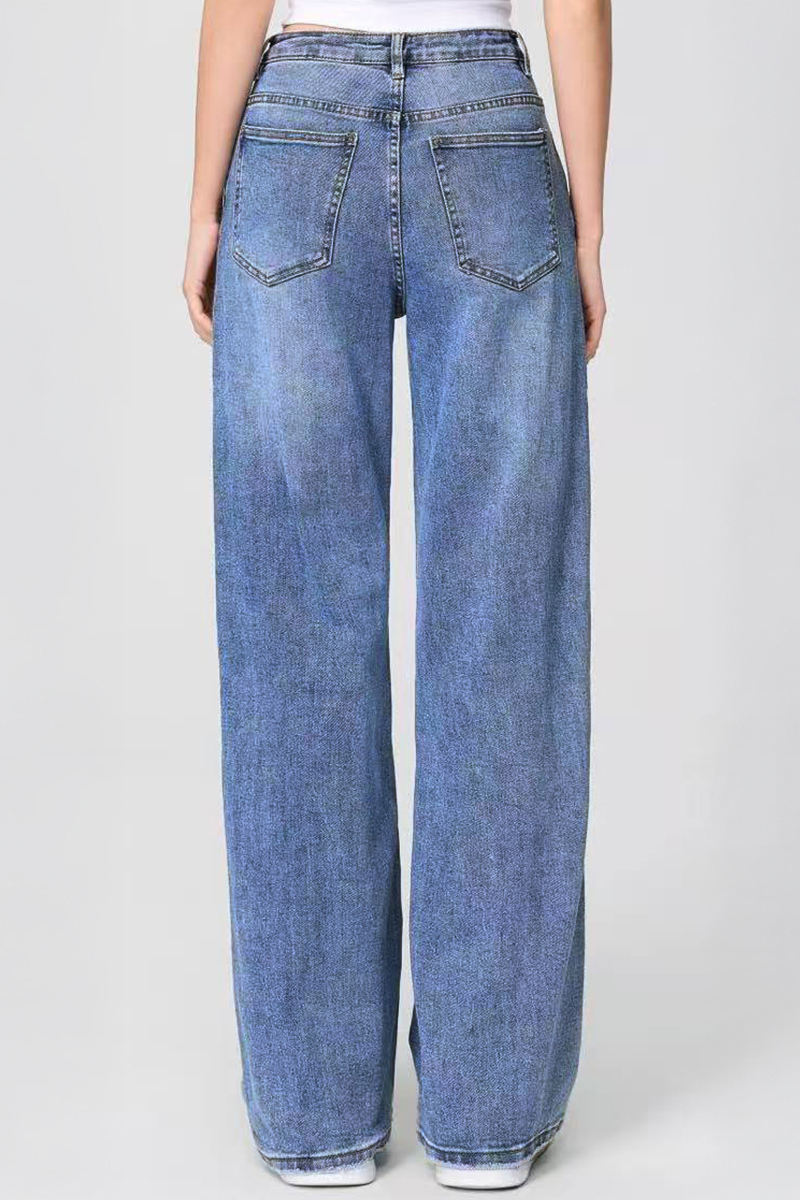 Asymmetrical High-Waist Multi-Pocket Wide-Leg Jeans, Street Style