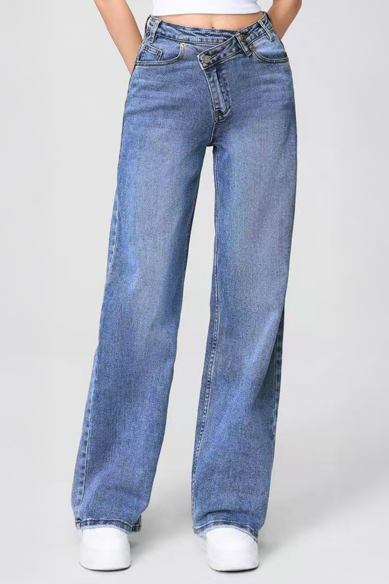 Asymmetrical High-Waist Multi-Pocket Wide-Leg Jeans, Street Style