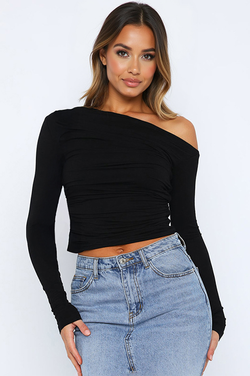 Elegant Sloping Shoulder Long Sleeve Shirred Slim Top-KATCH ME
