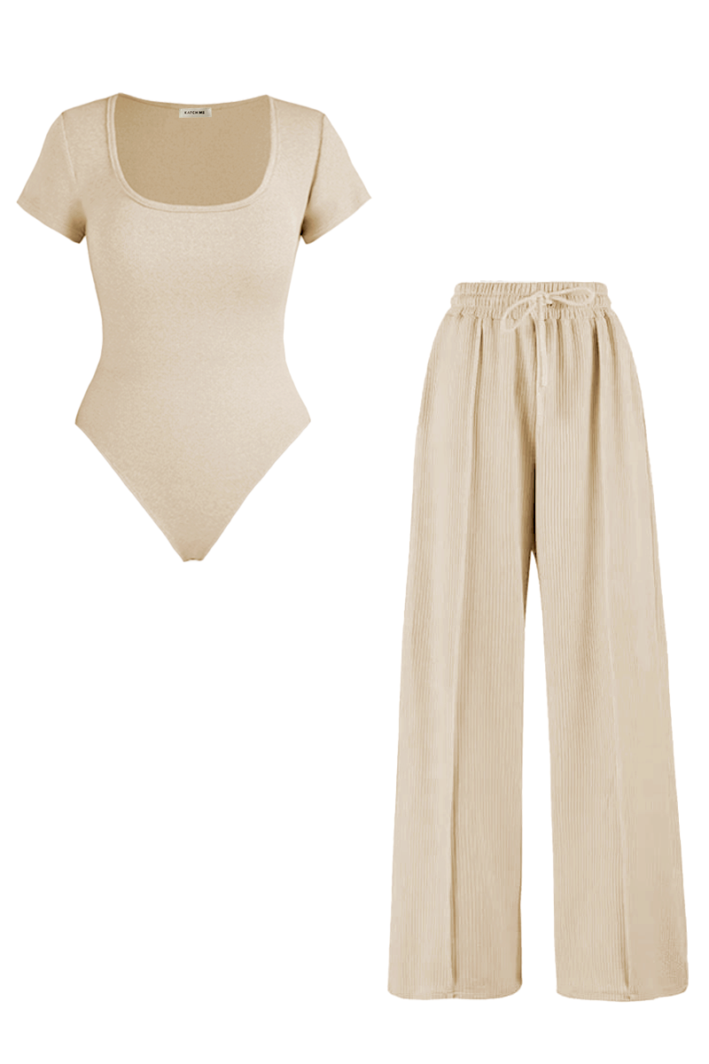 Trendy Square Neck Shaping Bodysuit & Wide Leg Trousers Co-ord