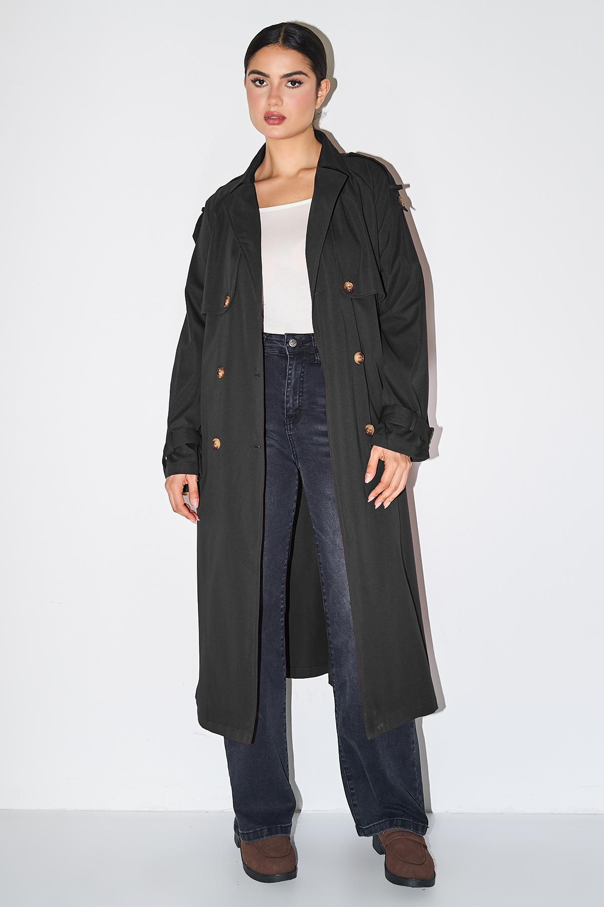 Classy Notch Lapel Double Breasted Belt Decor Trench Coat