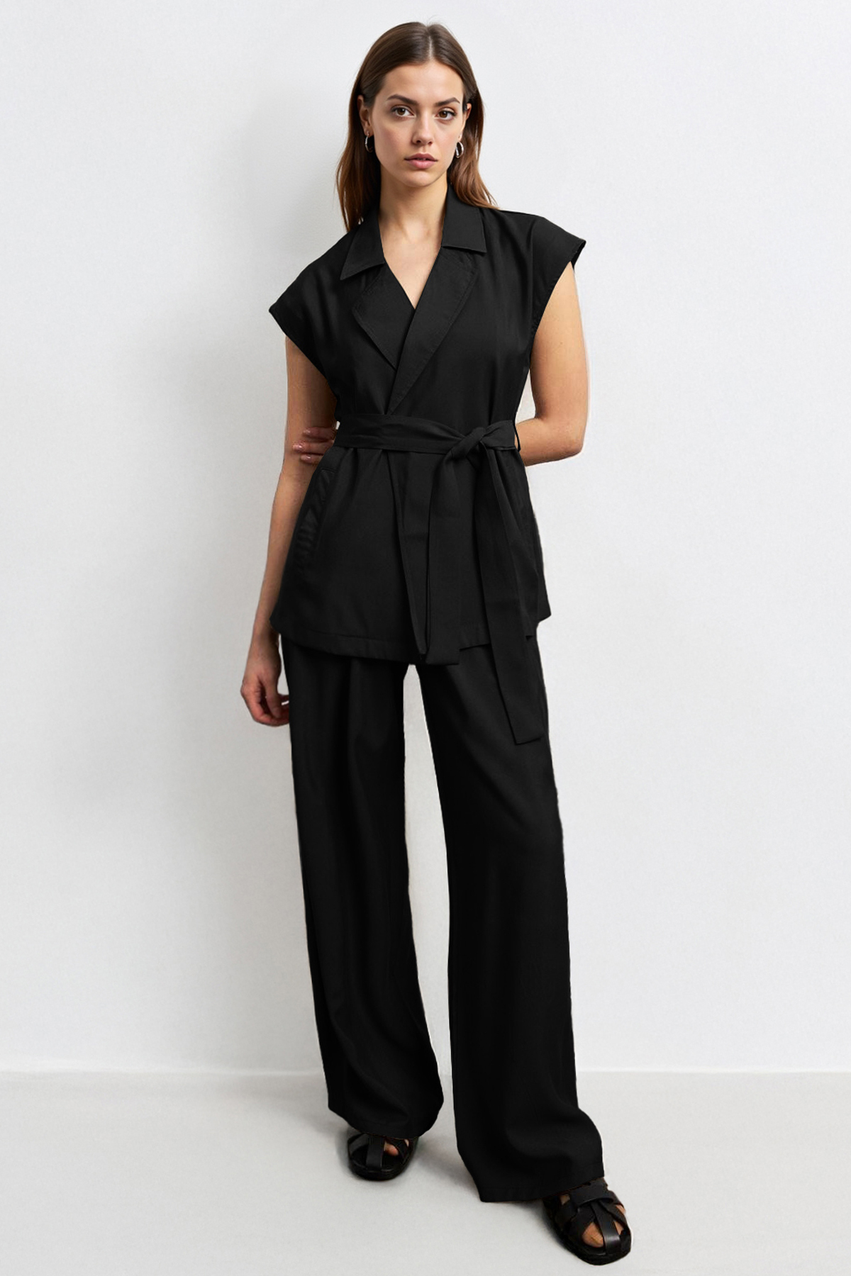Notch Lapel Cap Sleeve Waist Tie Blazer Top & Wide Leg Trousers Co-ord